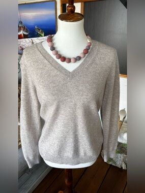 Charter Club Luxury 100% Cashmere V Neck Sweater PM Taupe Oatmeal